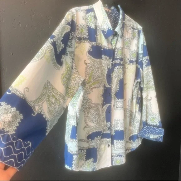 CHICO'S PAISLEY POP GIANA BLOUSE SZ  3 Paisley Print Blue and Green Women's Top - Picture 7 of 15